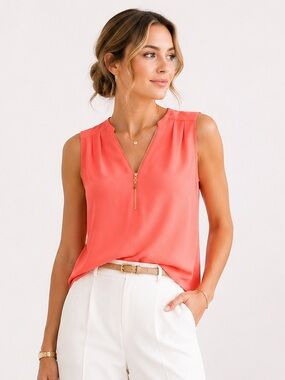 Gianni Bini Coral Zip Front Sleeveless Blouse Career Office Top Small